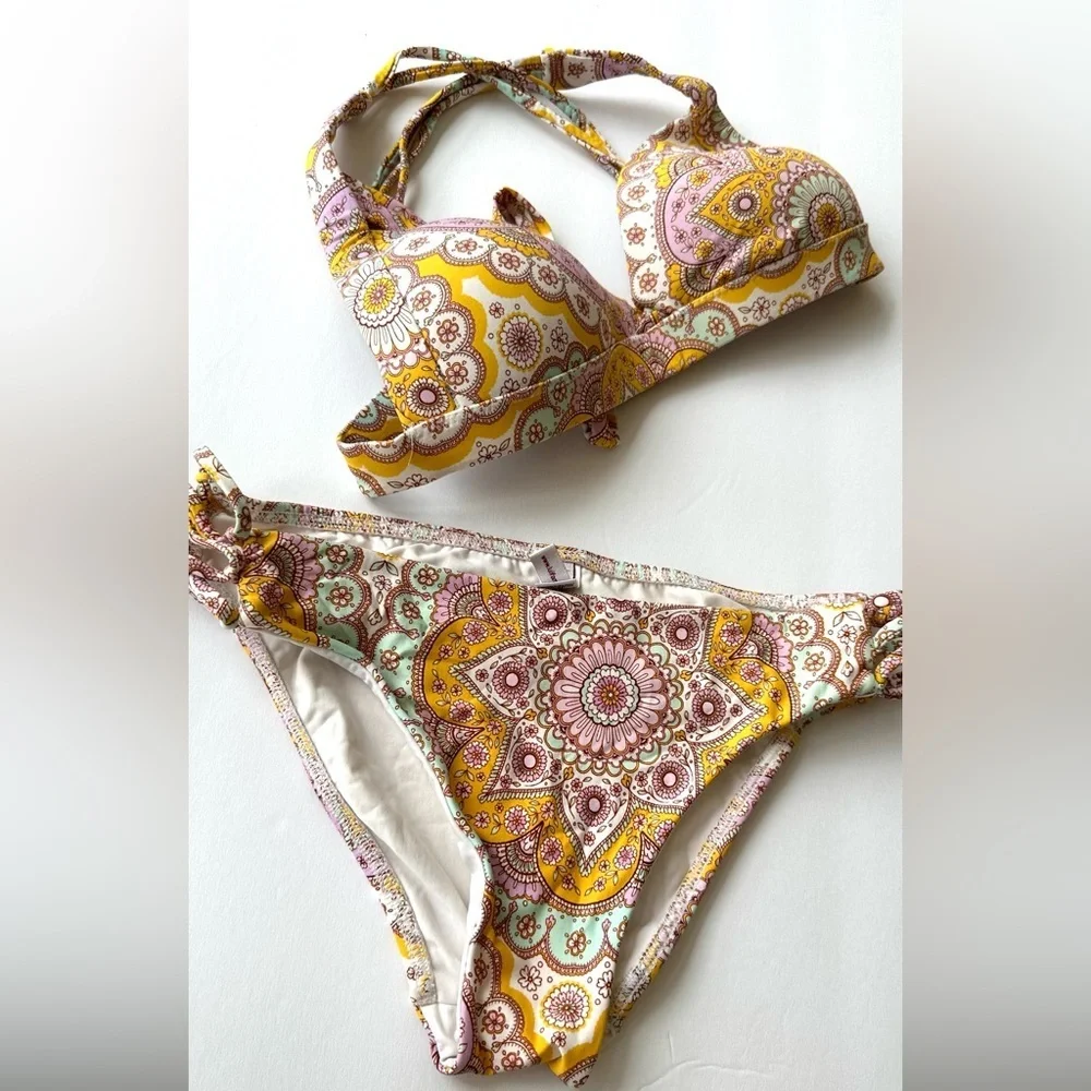 Luli Fama Yellow Alhambra 2 piece Bikini Molded Push Up Bandeau Halter Small